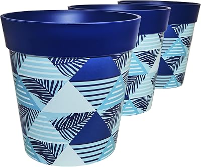 Hum Flowerpots 22cm Set of 3 Blue Geometric Indoor Outdoor Plastic Pots