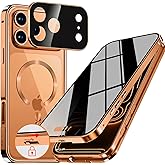 Upholyee [CD Metal Ring & Automatic Pop-up Lock Magnetic Privacy Case for iPhone 17 Pro Max [Compatible with MagSafe] [Integrated Lens Protection] Full Body Bumper Cover with Built-in 9H Glass-Orange
