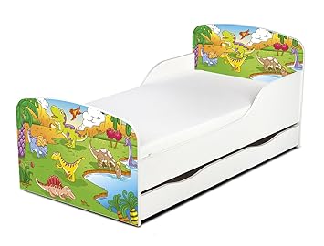Leomark Einzelbett Aus Holz Dinosaurier Kinderbett Mit Schubladen Fur Bettwasche Holzbett Mit Matratze Lattenrost Komplett Set Liegeflache 70 140 Cm Uv Druck Amazon De Baby