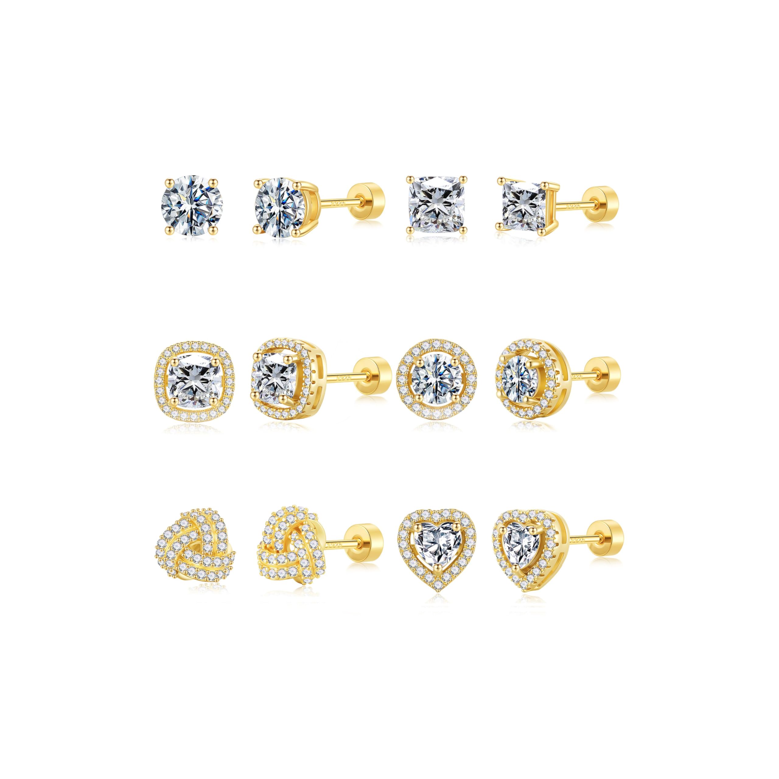 M MOOHAM Stud Earrings for Women - Hypoallergenic 14k Gold Plated Flat Back Studs Earrings for Sensitive Ears Gold Plated Stud Cubic Zirconia Earring Sets for Women S925 Post Earring Jewelry Gifts
