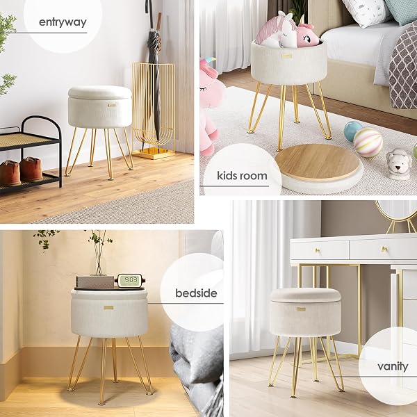 STORAGEBUD ROUND OTTOMAN WITH STORAGE, TEXTURED VELVET STORAGE OTTOMAN, FOOT STOOL OTTOMANS, MAKEUP VANITY STOOL, SMALL OTTOMANS FOOT REST, MODERN VANITY STOOLS FOR LIVING ROOM AND BEDROOM, CREAM