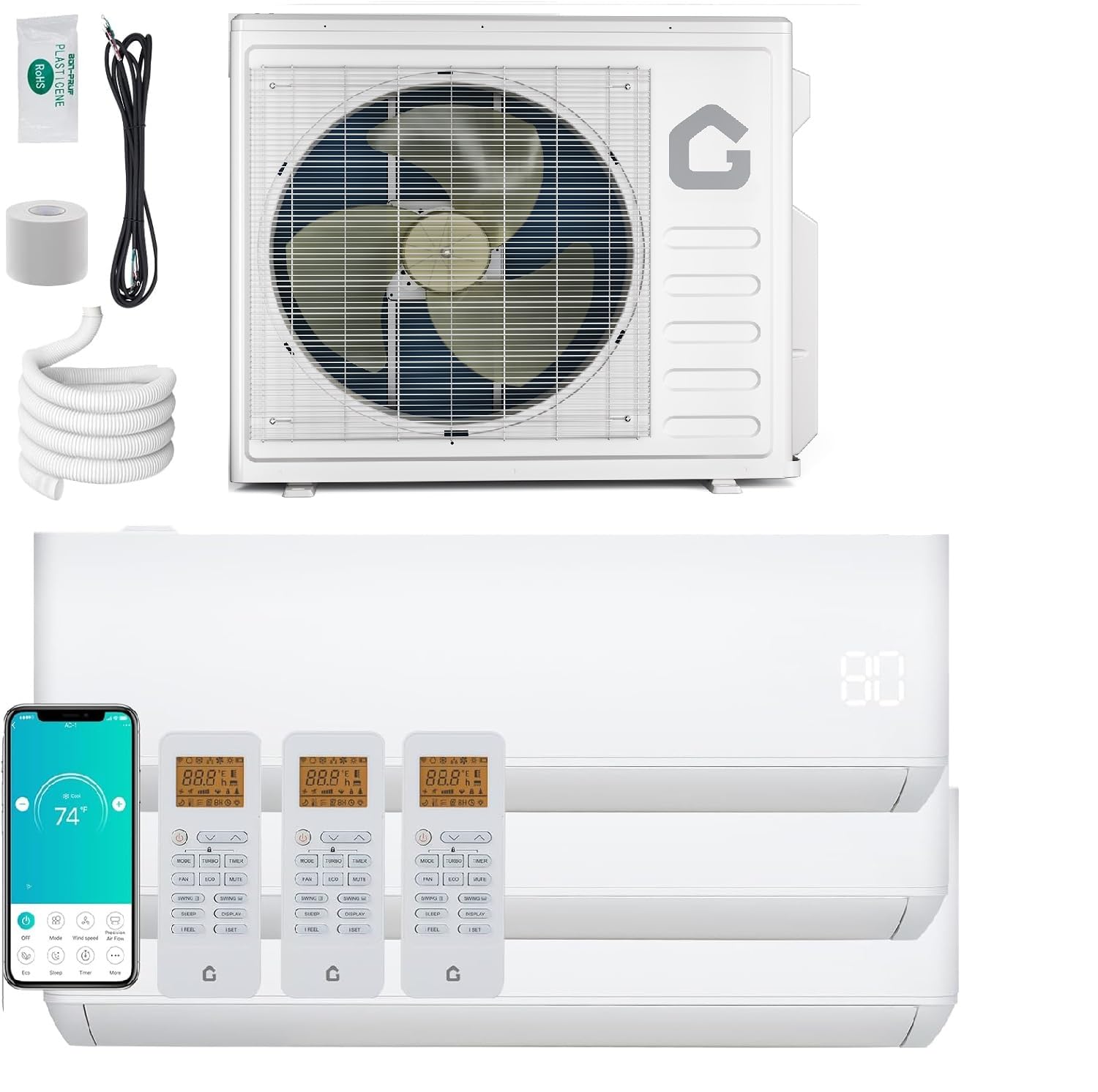 Photo 1 of GarveeHome 28000 BTU 3 Zone Mini Split AC/Heating System, Wifi Enabled 20 SEER2 208-230V 3 Zone 9000 + 9000 + 18000 BTU Ductless Split Unit AC w/Pre-Charged Condenser, Heat Pump
