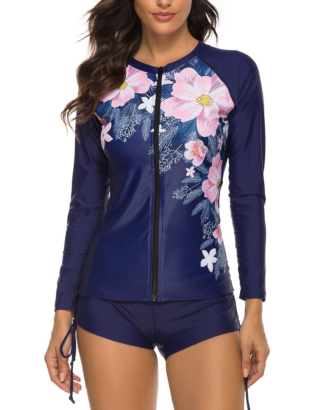 Photo 1 of YATEEN Women's Long Sleeve Sun Protection Rash Guard Wetsuit Two Piece Swimsuit Set Navy/Pink