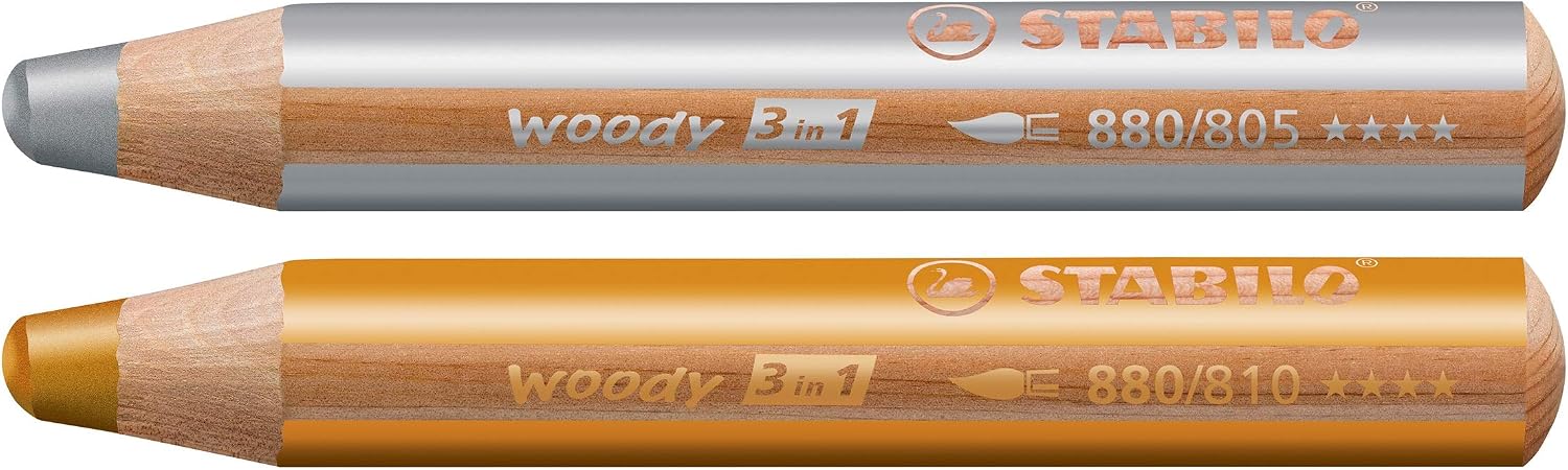 Stabilo Woody 3-in-1 Colouring Pencil, Watercolour and Wax Crayon 10 + 2 Pack with Sharpener with 10 Colours + Gold and Silver - Image 4