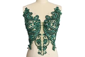 SUCCI SHAN Handmade Rhinestones Lace Appliques Sew on Glass Beads Bodice Trim Patches Accessory for Dress Clothes (Deep Green)