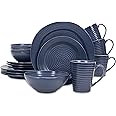 Elanze Designs Charming Chic Ribbed Modern Thrown Pottery Look Ceramic Stoneware Plate Platter Mug & Bowl Kitchen Dish Dinnerware 16 Piece Set - Service for 4, Navy Royal Blue