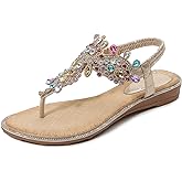 iCKER Women Rhinestone Sandals T-Strap Buckle Bohemian Pearl Crystal Flat Sandals