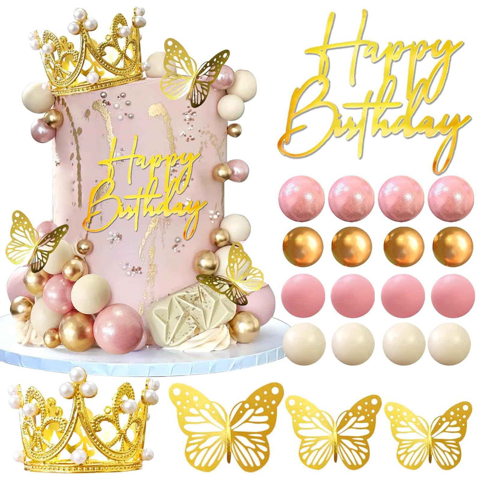 Elegant Crown Cake Topper Set with Golden Birthday Decorations, Butterfly Accents & Princess Crown for Women's Wedding Party Cake Decorations (Pink)