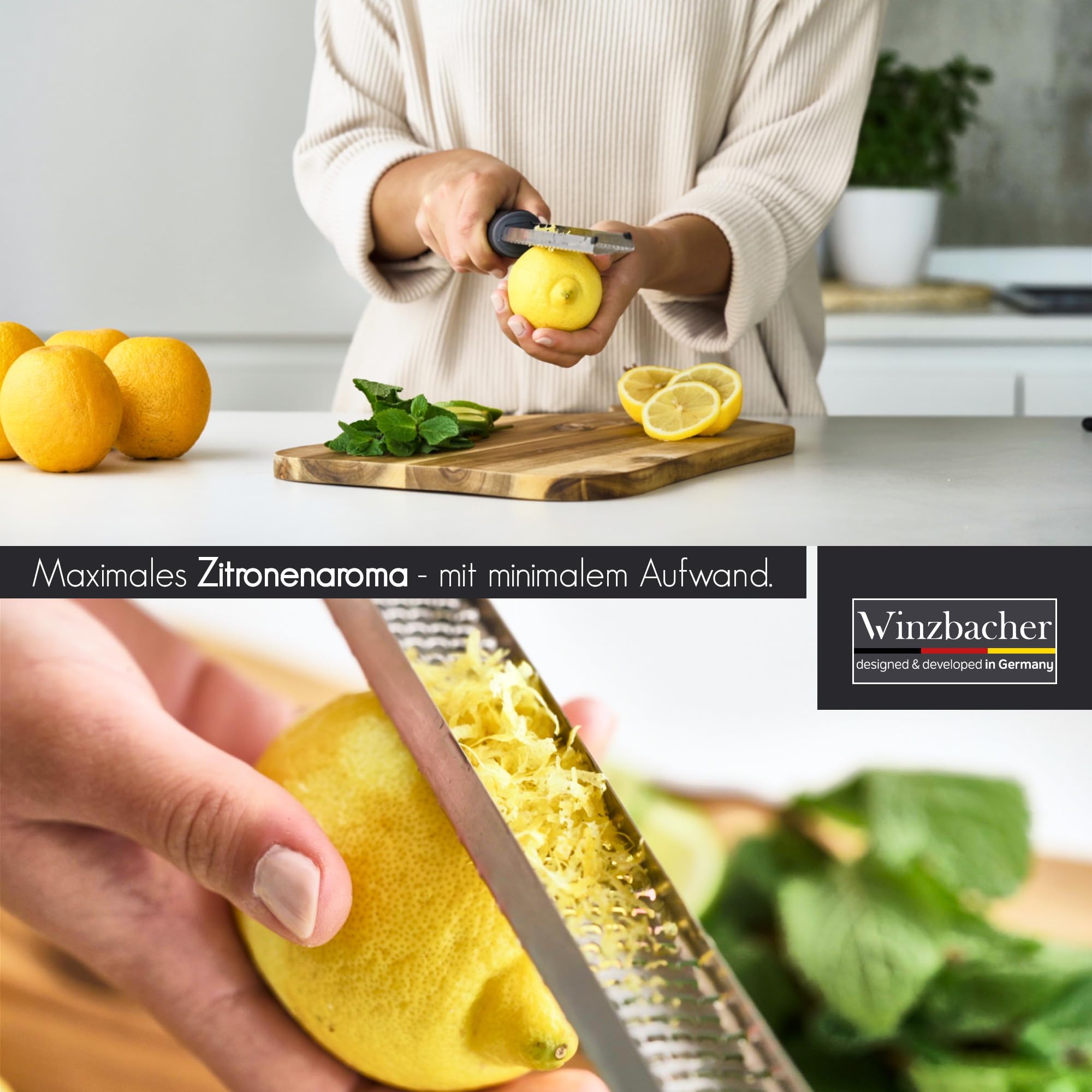 Winzbacher - Premium Zester Reibe I Parmesanreibe, Zitronenreibe, Muskatnuss Reibe, Ingwerreibe u.v.m. I rasiermesserscharfe Edelstahl Klinge I Spülmaschinenfest I inkl. Schụtz & Reinigungsbürste 6