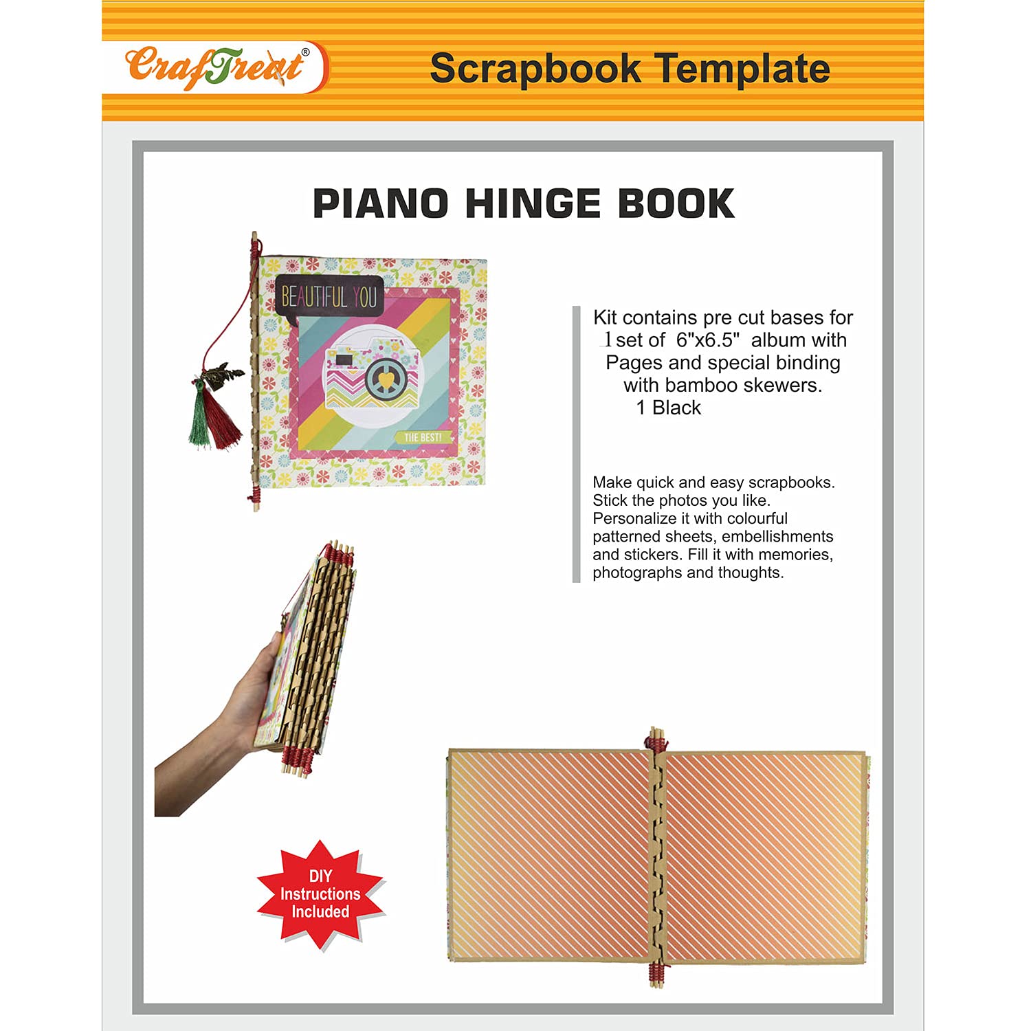 CrafTreat DIY Scrapbook Photo Album for Birthday Wedding and Anniversary - Contains Precut Base for Making 1 Album of Piano Hinge Book (Black Color) 6X6.5 Inches - Hinge Scrapbook Album DIY Handmade