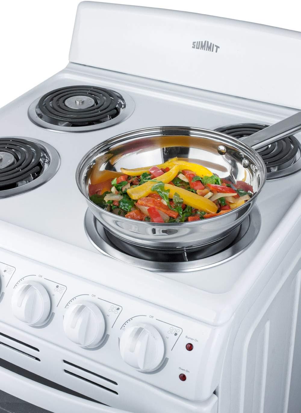 Amazon Com Summit Appliance Re2411w 24 Wide Electric Range In White Finish With Coil Burners Lower Storage Compartment Four Cooking Zones Indicator Lights Oven Light Backsplash And Oven Window Appliances