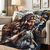 HUNXIAOJ Native American Flannel Blanket Indian Tribal Chief Print Blanket Throw for Couch Bed Soft Bedding Decor Native American Gifts for Boys Men Adults (49"x59")