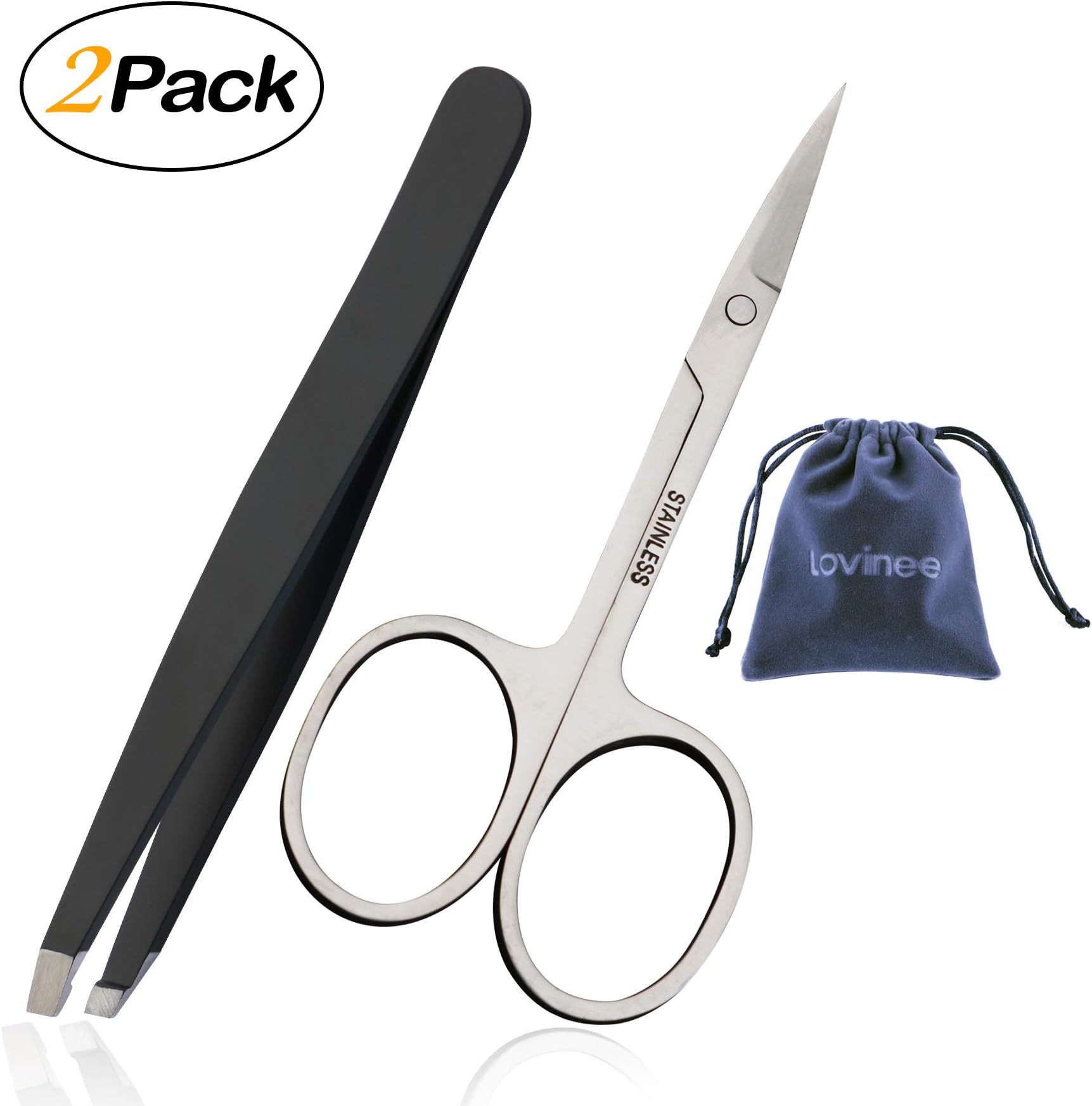 Eyebrow Tweezers Scissors-1pc Stainless Steel Scissor with Curved Sharp Edge Blades and 1pc Professional Stainless Steel Slanted Tip Tweezer.Facial Hairs Tweezers Scissors,Pack of 2