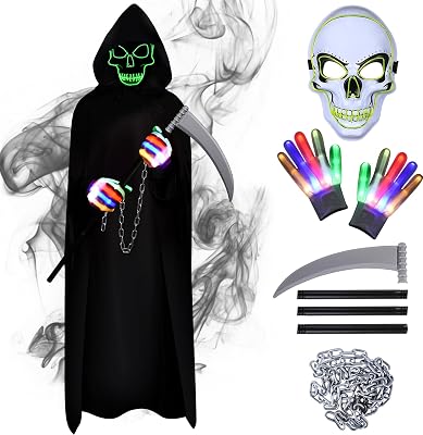 Disfraz de Fantasma Halloween, Disfraz de Parca Muerte, Capa con Capucha Disfraz Halloween, Cosplay Carnaval con Guadaña, Máscara de Esqueleto, Guantes y Cadena para Niño Adulto