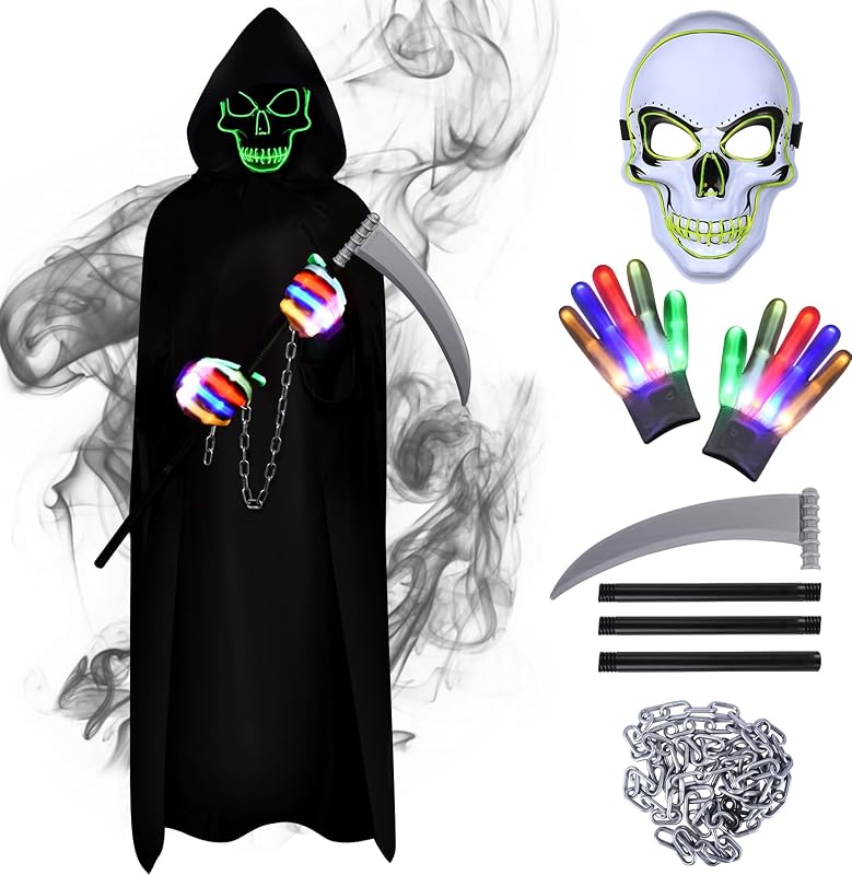 Fato de Fantasma de Halloween, Fato de Ceifador da Morte, Fato de Capa com Capuz de Halloween, Cosplay de Carnaval com Foice, Máscara de Esqueleto, Luvas e Corrente para Criança Adulta — foto 1 de 6