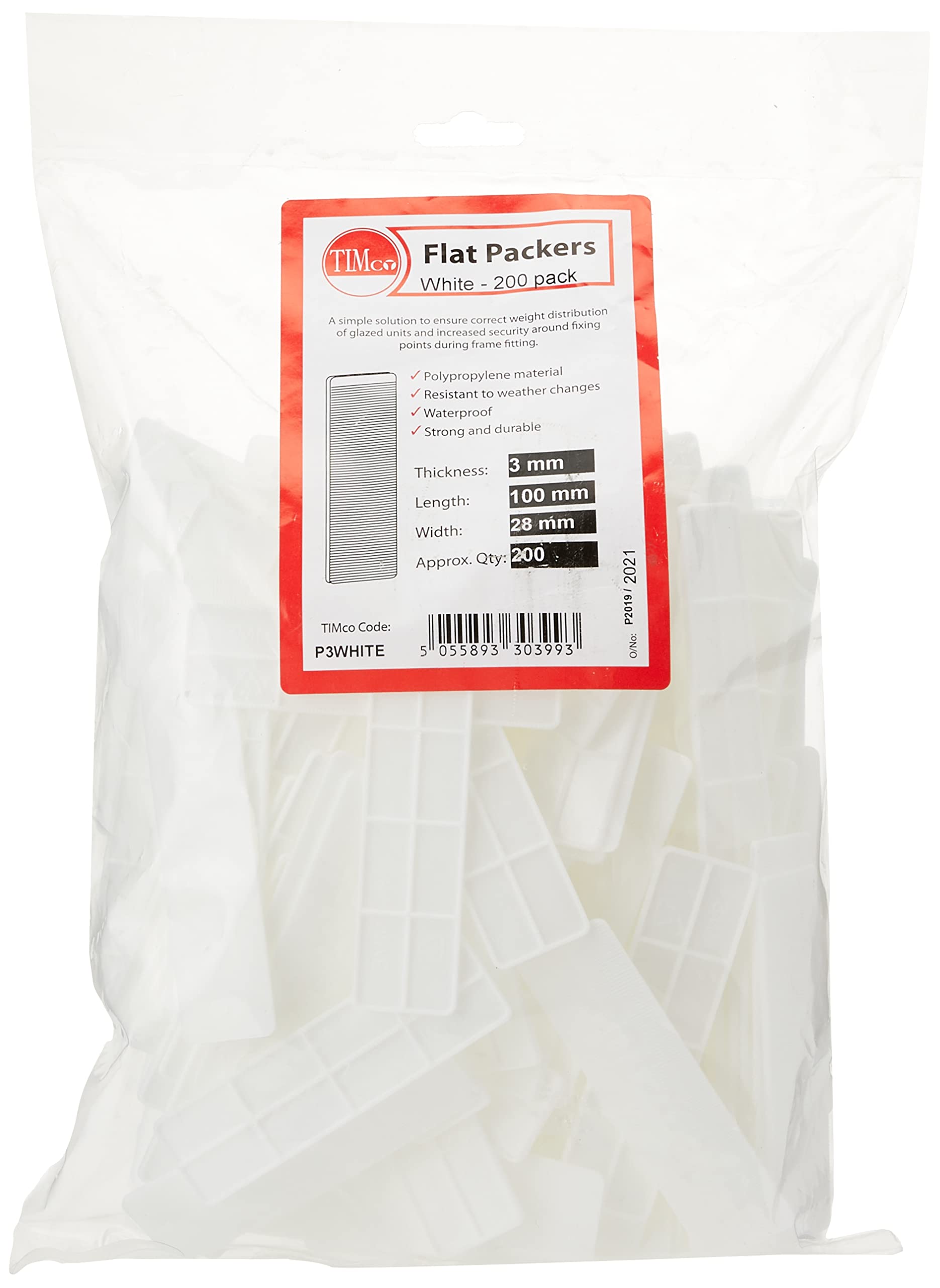 TIMCO Individual Packers - to Ensure Correct Weight Distribution of Glazed Units and Increase Security Around Fixing Points During Frame Fitting White - 28mm - 3.0mm - 200 Pieces