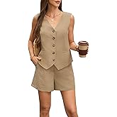 Women's Summer 2 Piece Sets Casual Outfits Sleeveless Matching Set Button Down V Neck Vest Waistcoat Pockets Shorts
