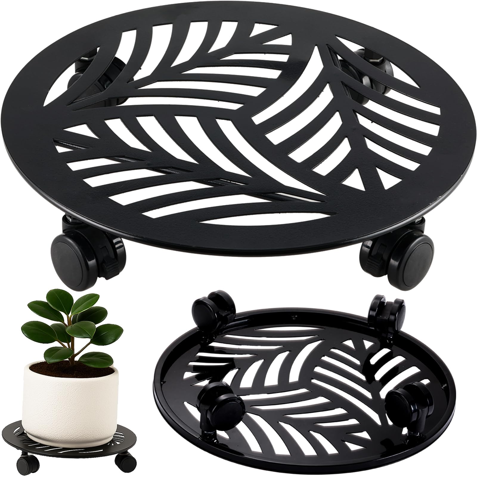 Photo 1 of 1 Packs Large Metal Plant Caddy with PU Wheels 13" Heavy-Duty Wrought Iron Rolling Plant Stands Indoor Outdoor Wheeled Plant Dolly Planter Mover Rollers Plant, Leaf Style