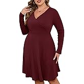 ZOMVA Plus Size Sweater Dress V Neck A-line Knee Length Dress Fall Winter Casual Ribbed Knit Long Sleeves