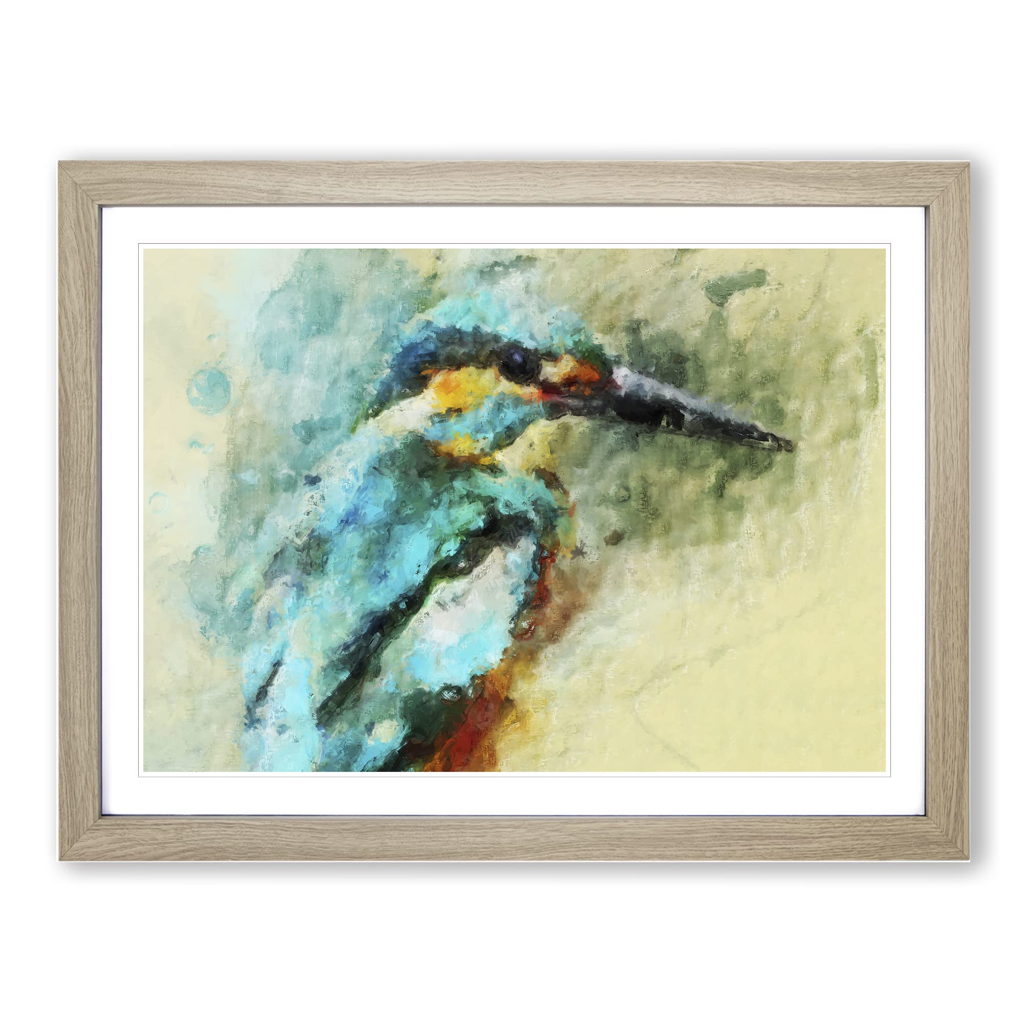 Kingfisher Illustration In Abstract Modern Art Framed Print | A4 Oak Framed Wall Art | Ready to Hang | Abstract Fantasy Picture | Living Room Bedroom Lounge Office