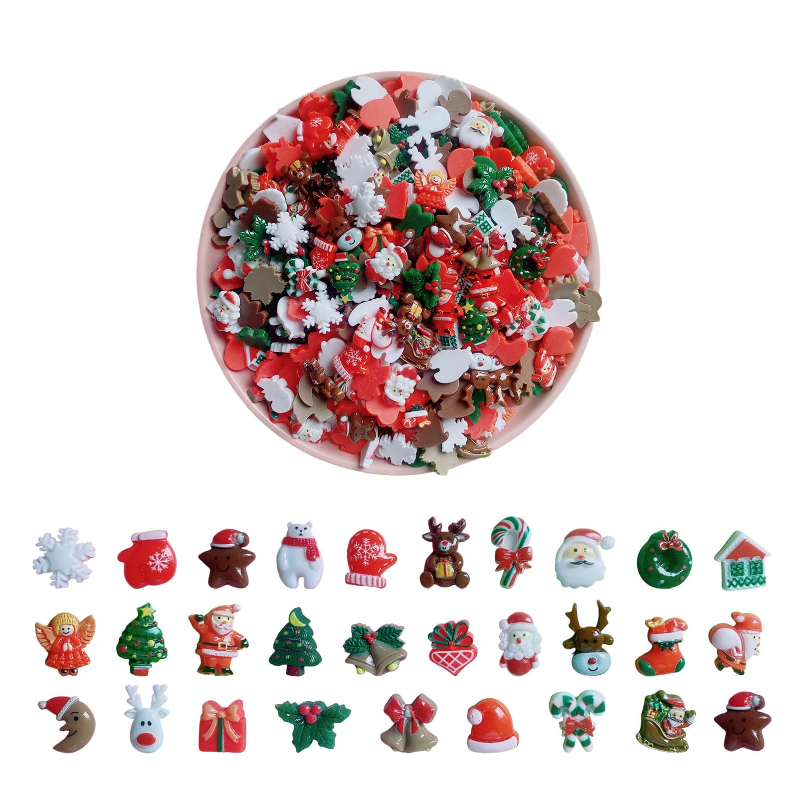 FUIPVGI 50pcs Christmas Assorted Craft Yuletide Resin Flat back Charms Christmas Tree Snowman Bell Resin Decoration for Handiwork Making,DIY Handiwork Making Ornament Scrapbooking. (50pcs)