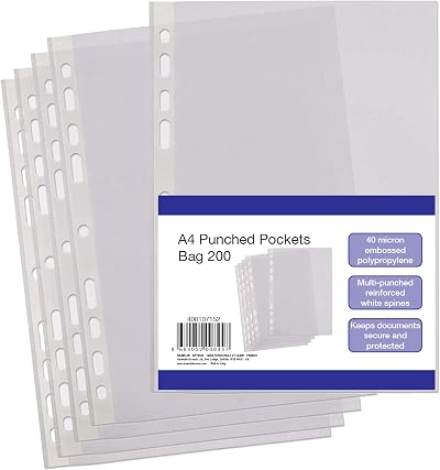 SUMMIT Punched Pockets A4 Clear Sleeves 200 Pack Reinforced Spine Multi-Hole