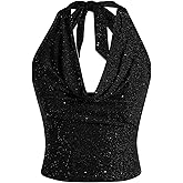 SOLY HUX Women's Sleeveless Sparkly Halter Top Cowl Neck Glitter Tank Shirts Party Clubwear