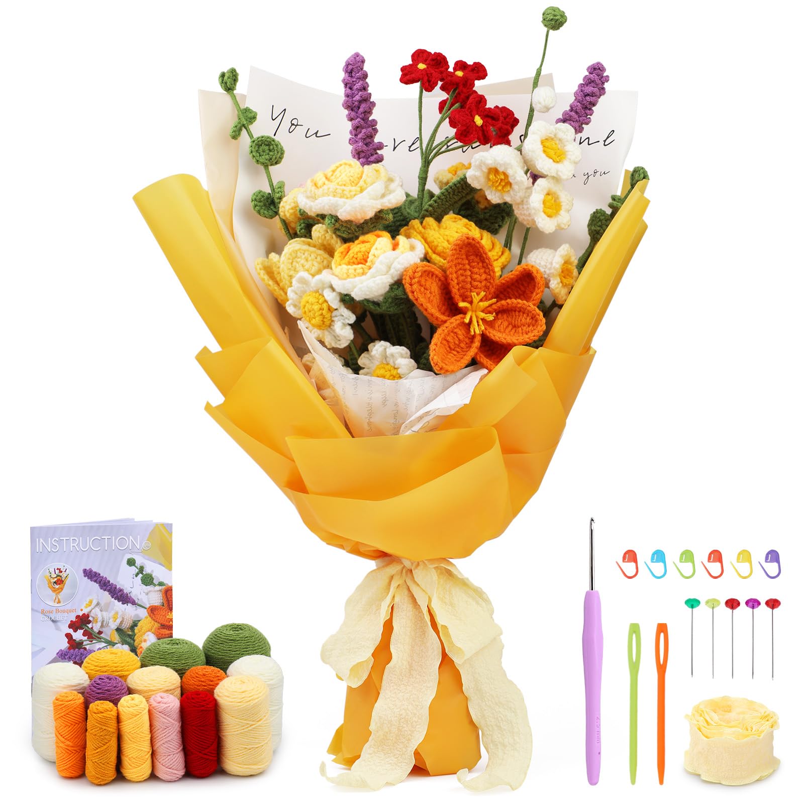 ENCHOL Crochet Kit for Beginners Adults, Rose Bouquet Beginner Crochet Kit, Complete Flower Crochet Kits for Starters with Step-by-Step Video Tutorials for DIY Craft Creations