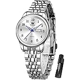 OLEVS Women Watches Date and Day,Ladies Watches with Silver Gold Stainless Steel,Elegent Female for Small Wrist Watch(White/Black/Blue/Gold Face)