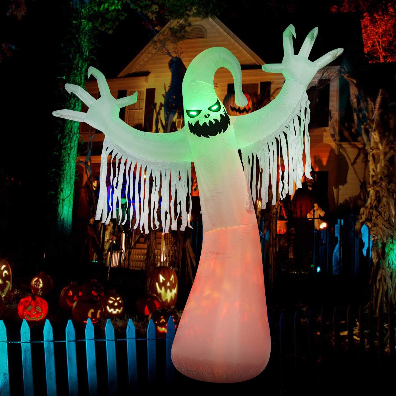 SEASONJOY 10 Ft Halloween Inflatables Ghost Decorations, Bulti-in Orange LED Lights with Flame Effect, Outdoor Halloween Inflatables for Yard Lawn Garden Decor