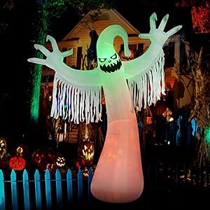 SEASONJOY 10 Ft Halloween Inflatables Ghost Decorations, Bulti-in Orange LED Lights with Flame Effect, Outdoor Halloween Inflatables for Yard Lawn Garden Decor