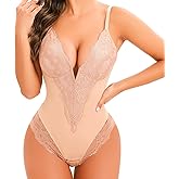 Anygirl Lace Shapewear Bodysuit for Women Tummy Control Full Body Shaperwear V-Neck Sculpting Bodysuit Top Lace Briefer