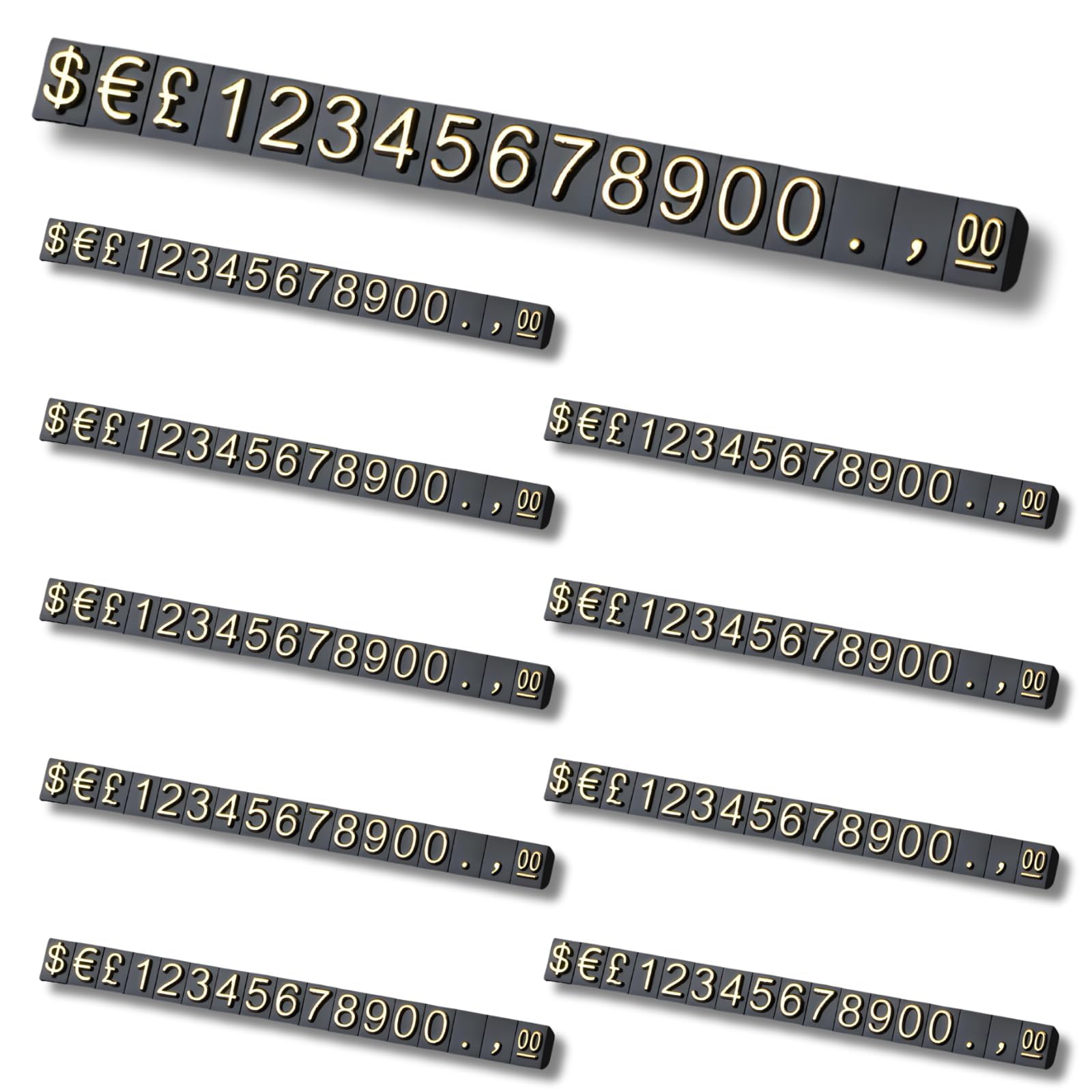 Boxonly 10PCS Adjustable Removable Cube Price Tag Display Kits, 4x6mm £ € $ Digital Price Tag, Metal Price Label Tag, Pricemarker Labels, Arabic Number Price Display Board, Black Base and Gold Words