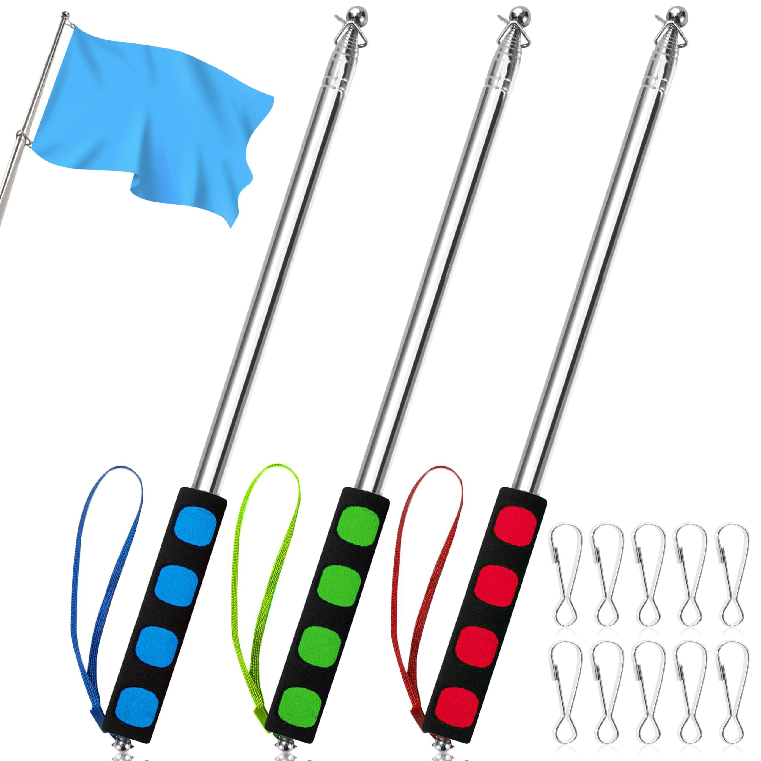 Heveer Telescopic Flag Pole 3pcs 3 M Stainless Steel Handheld Flag Pole Portable Extendable Flag Pole with 10 Pieces Flag Pole Clips for Teacher Tour Guide