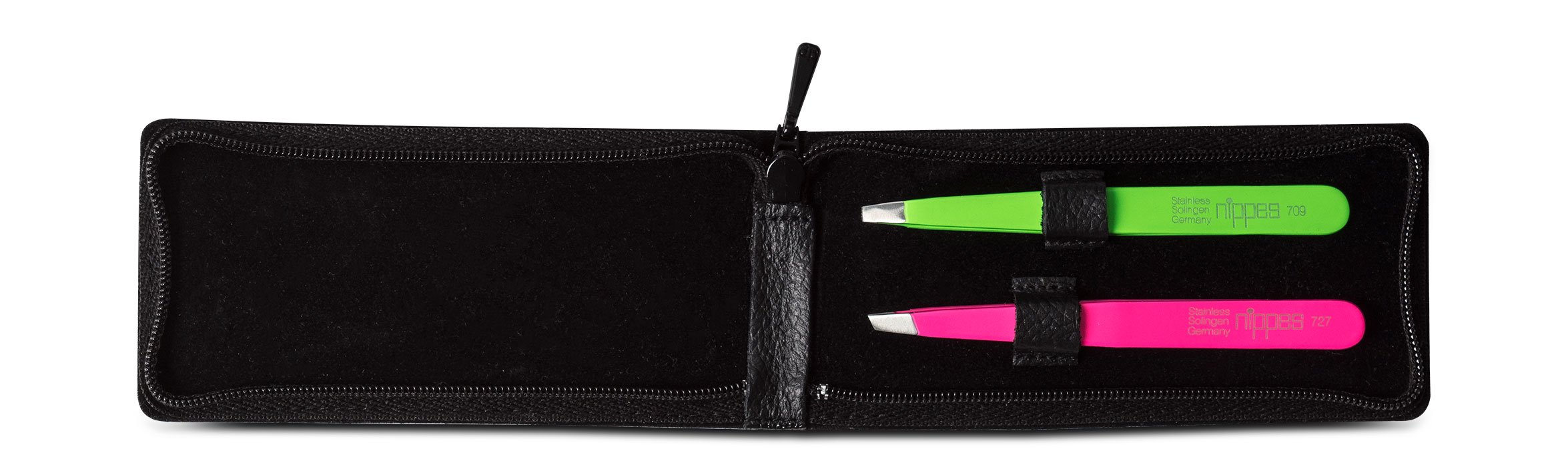 nippes Solingen Tweezers Set 2 Pieces Slanted and Angled in Leather Case Tweezers Eyebrow Plucking Tweezers Tip for Precise Hair Removal Made in Germany, Multi-Colour, 1 Piece