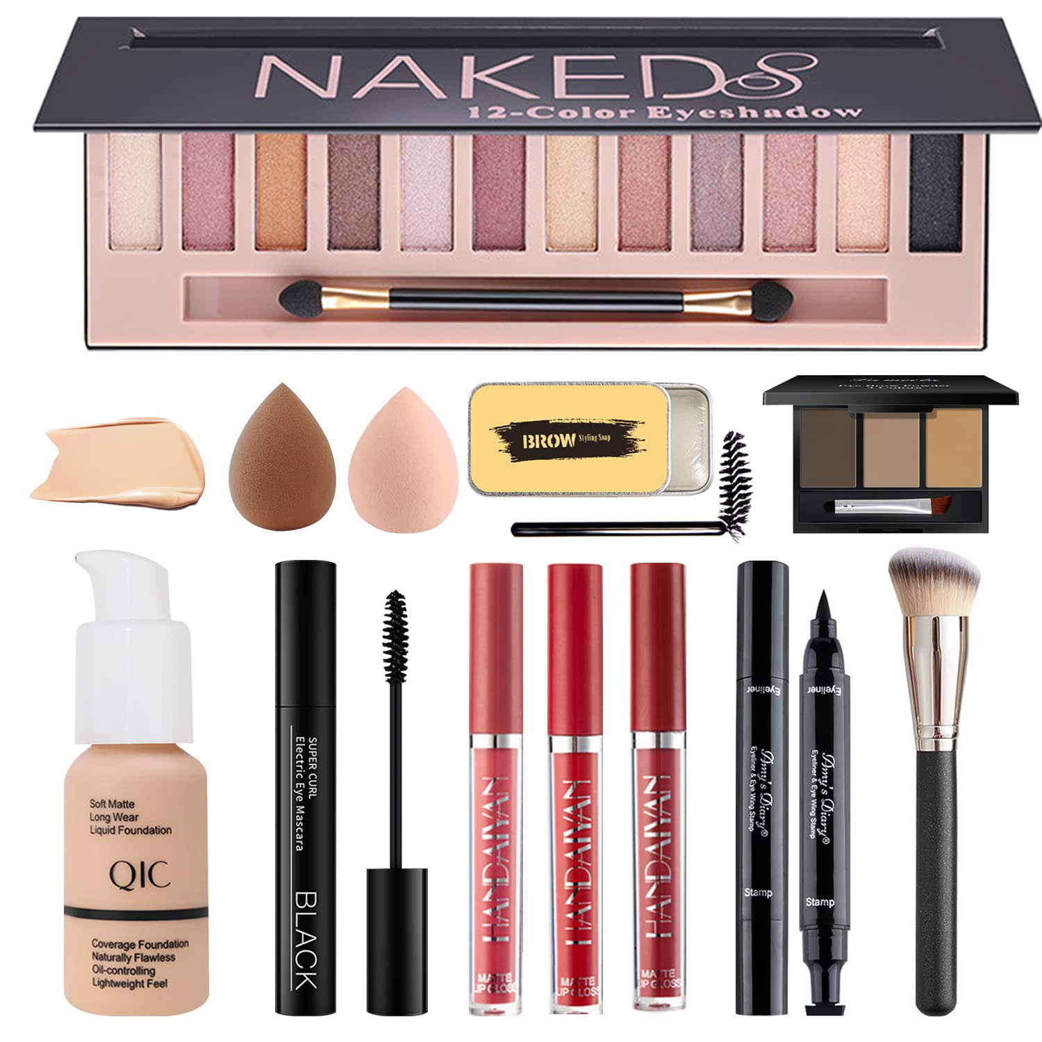 All in One Makeup Kit for Women Full Kit, Make Up Gift Set for Women Teens Girls, Includes 12 Colors Eyeshadow, Foundation, Lipstick, Mascara, Brush, Sponge, Brow Powder, Brow Soap, Eyeliner Stamp