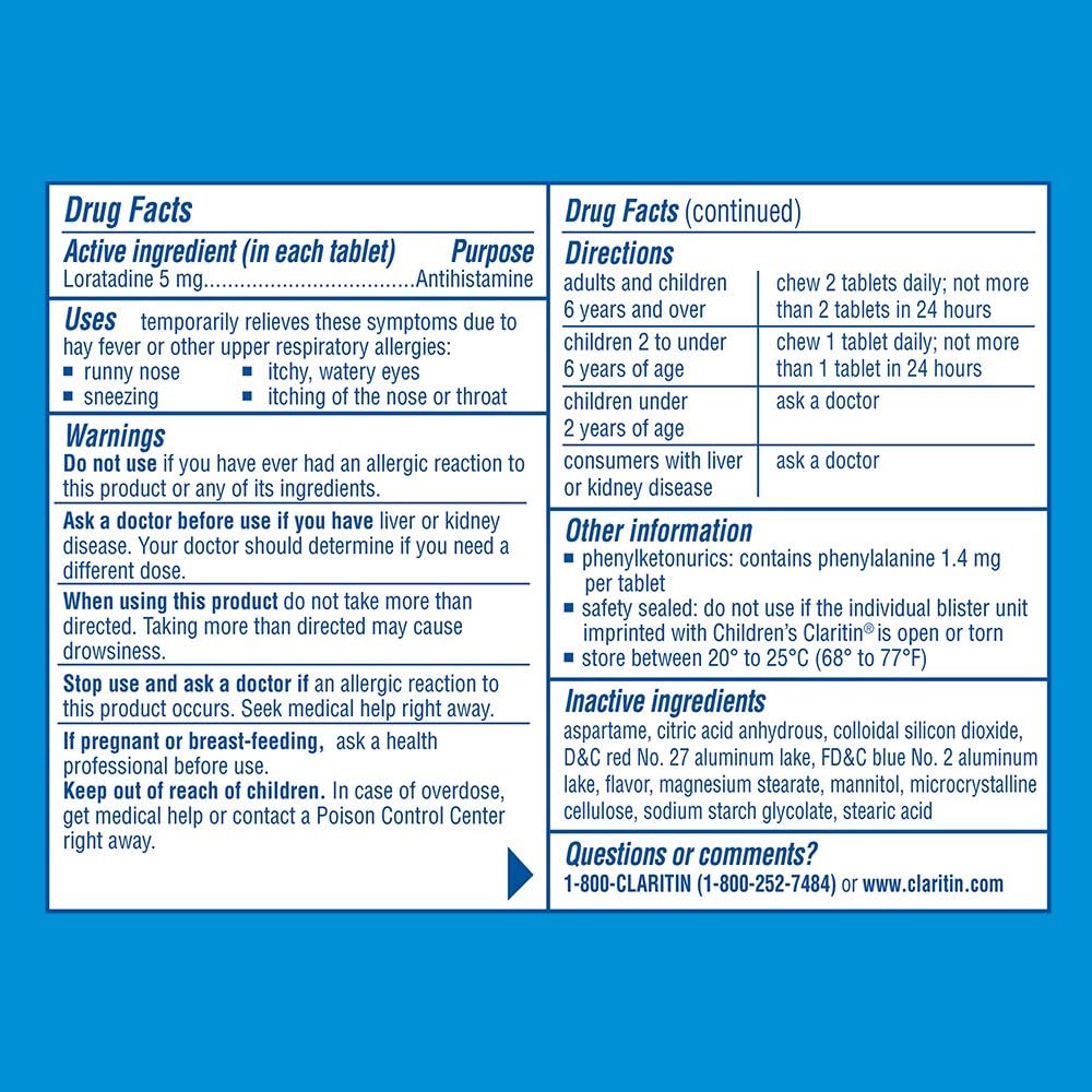 Claritin 24 Hour Allergy Chewables for Kids, Non Drowsy Allergy Relief, 40 Grape Antihistamine Tablets: Health & Personal Care