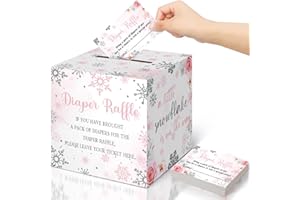 Teling 51 Pieces Diaper Raffle Tickets with Card Box Baby Shower Decorations Baby Shower Holder Box for Girl Boy Diaper Raffle Party(Pink Snowflake)
