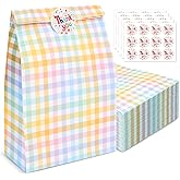 PHOGARY 50pcs Plaid Gift Bags Bulk, Colorful Pastel Checkered Party Favor Bags, Small Paper Gift Bag with Stickers, Treat Sweet Candy Goodie Bag for Birthday Party, Easter, Holiday