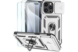 SunStory Compatible with iPhone 15 Pro Max Case with HD Screen Protector & Slide Camera Cover & Rotated Ring Kickstand, [Military-Grade] Phone Case for iPhone 15 Pro Max,Silver