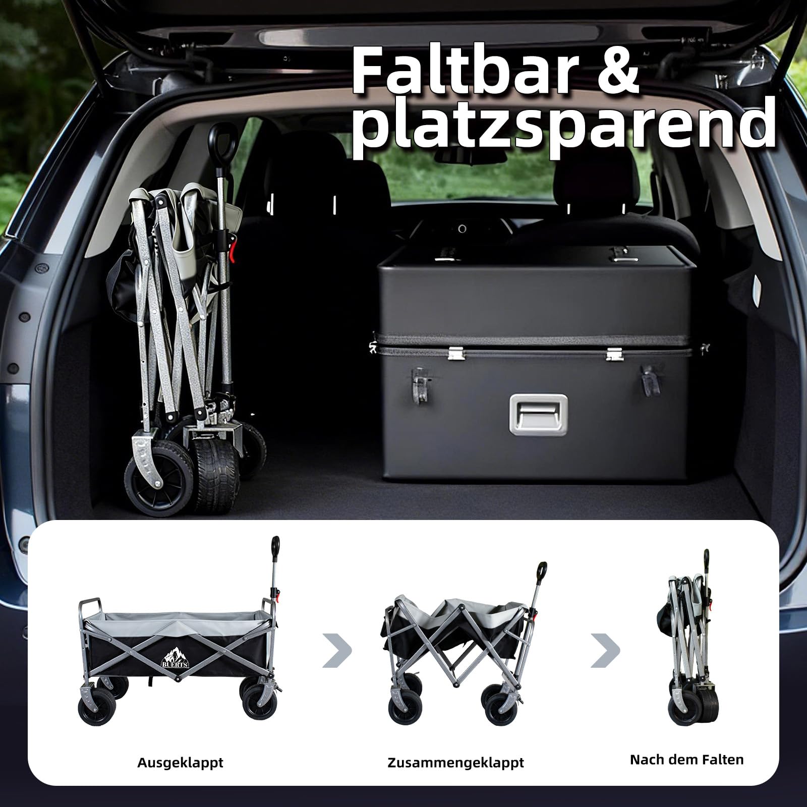 BUERTS Bollerwagen Faltbar – Tragkraft 272 kg, mit Bremsen, Getränkehalter, Verstellbarem Griff, All Terrain Rädern für Camping Outdoor Shopping, 600D Oxford-Gewebe, Schwarz 5