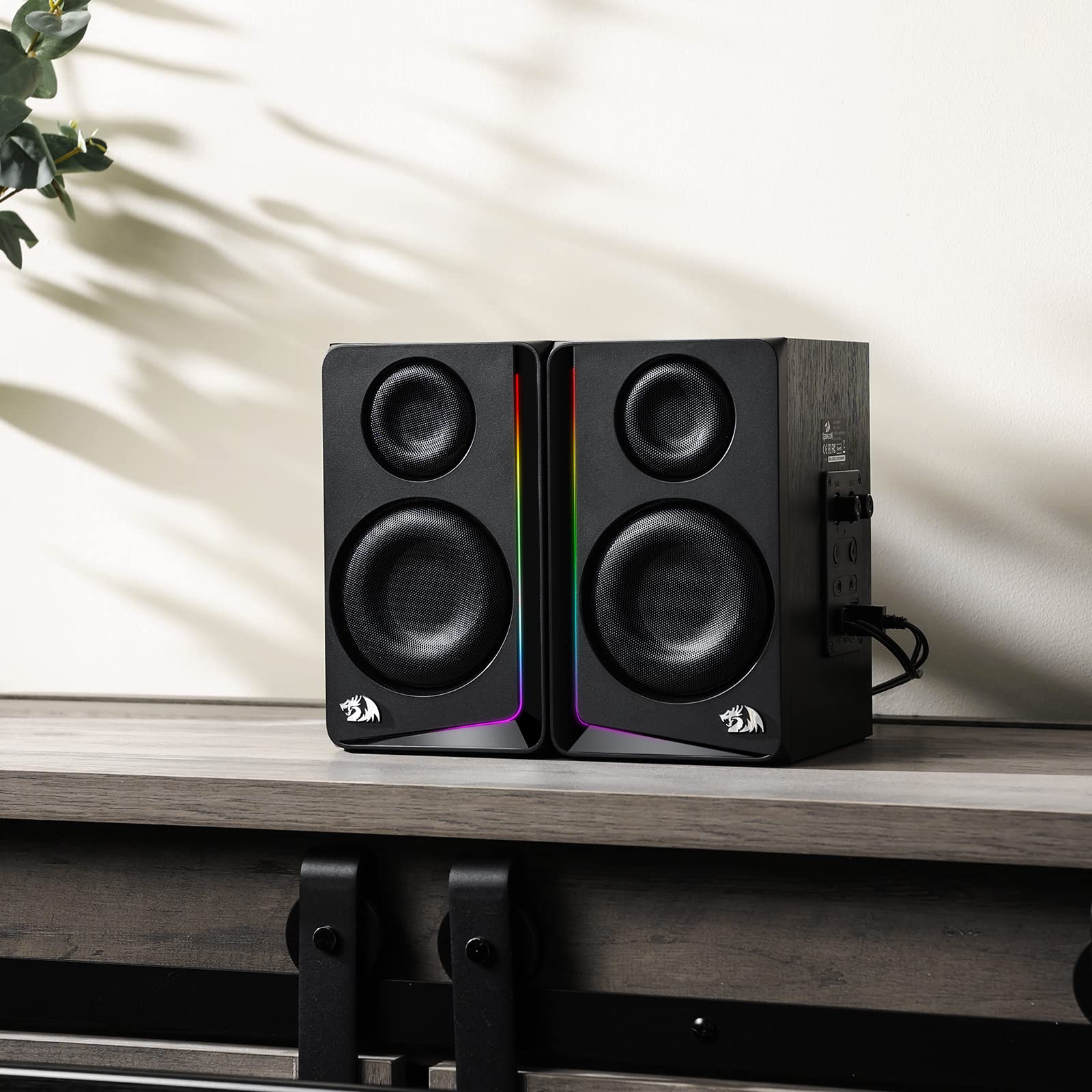 Redragon GS812 Wireless RGB Wooden Desktop Speakers, 2.0 Bookshelf Speaker w/BT 5.0/3.5mm AUX, Enhanced Bass/Volume Knob Control, Mic/Audio Jacks & Dynamic RGB Lighting