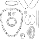 NEWITIN 13 Pieces Silver Jewelry Set for Women Stainless Steel Cuban Link Necklaces Bracelets Earrings Watch Ring Bling Cubic Zirconia Cuban Jewelry Set for Women Men