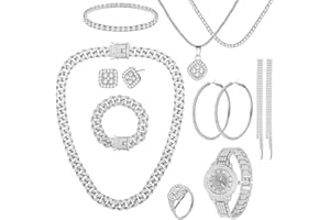 NEWITIN 13 Pieces Silver Jewelry Set for Women Stainless Steel Cuban Link Necklaces Bracelets Earrings Watch Ring Bling Cubic Zirconia Cuban Jewelry Set for Women Men
