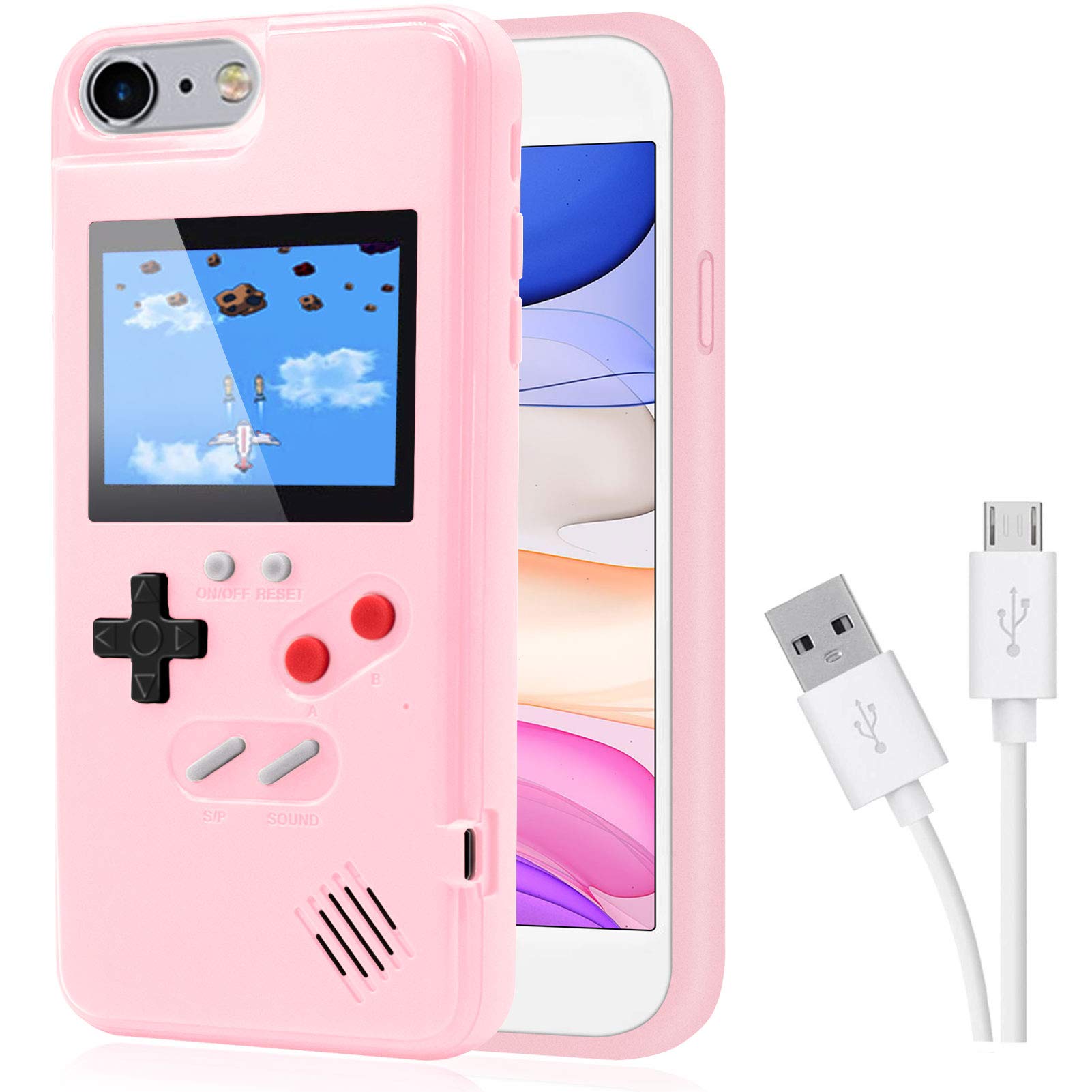 DIKKAR Game Console Case for iPhone, Retro Protective Cover Self-Powered Case with 36 Small Games,Full Color Display,Video Game Case for iPhone 6Plus/6sPlus/7Plus/8Plus (Pink)