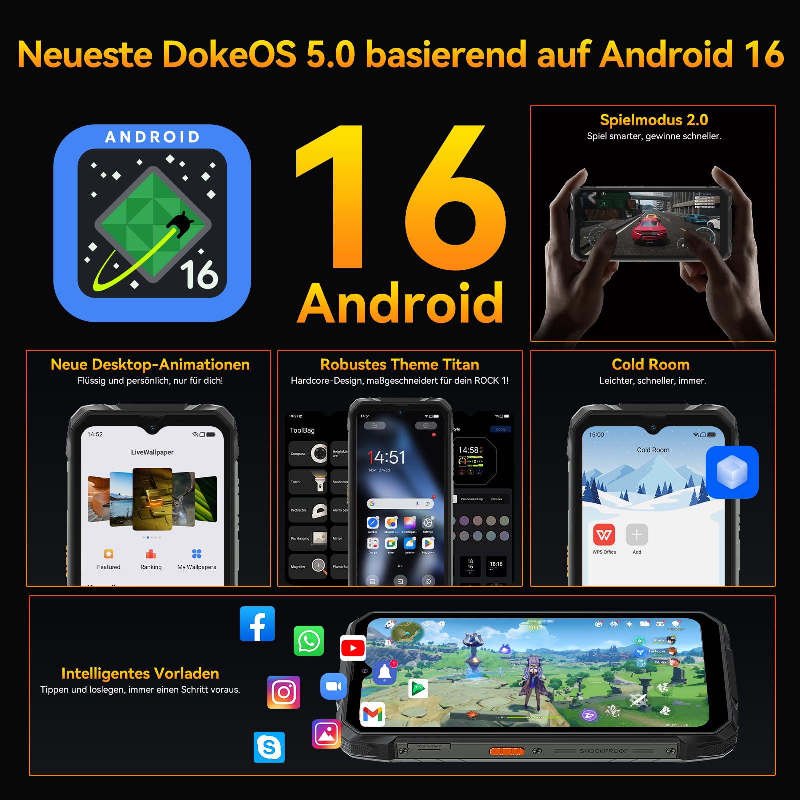 Blackview Rock 1 Android 16 Outdoor Handy für Baustelle &Camping, 15000mAh Dual-Screen Smartphone Ohne Vertrag, 20MP Nachtsicht,IP69K Wasserdicht, 24GB+256GB,Gemini AI/NFC/3 Jahre Garantie 9