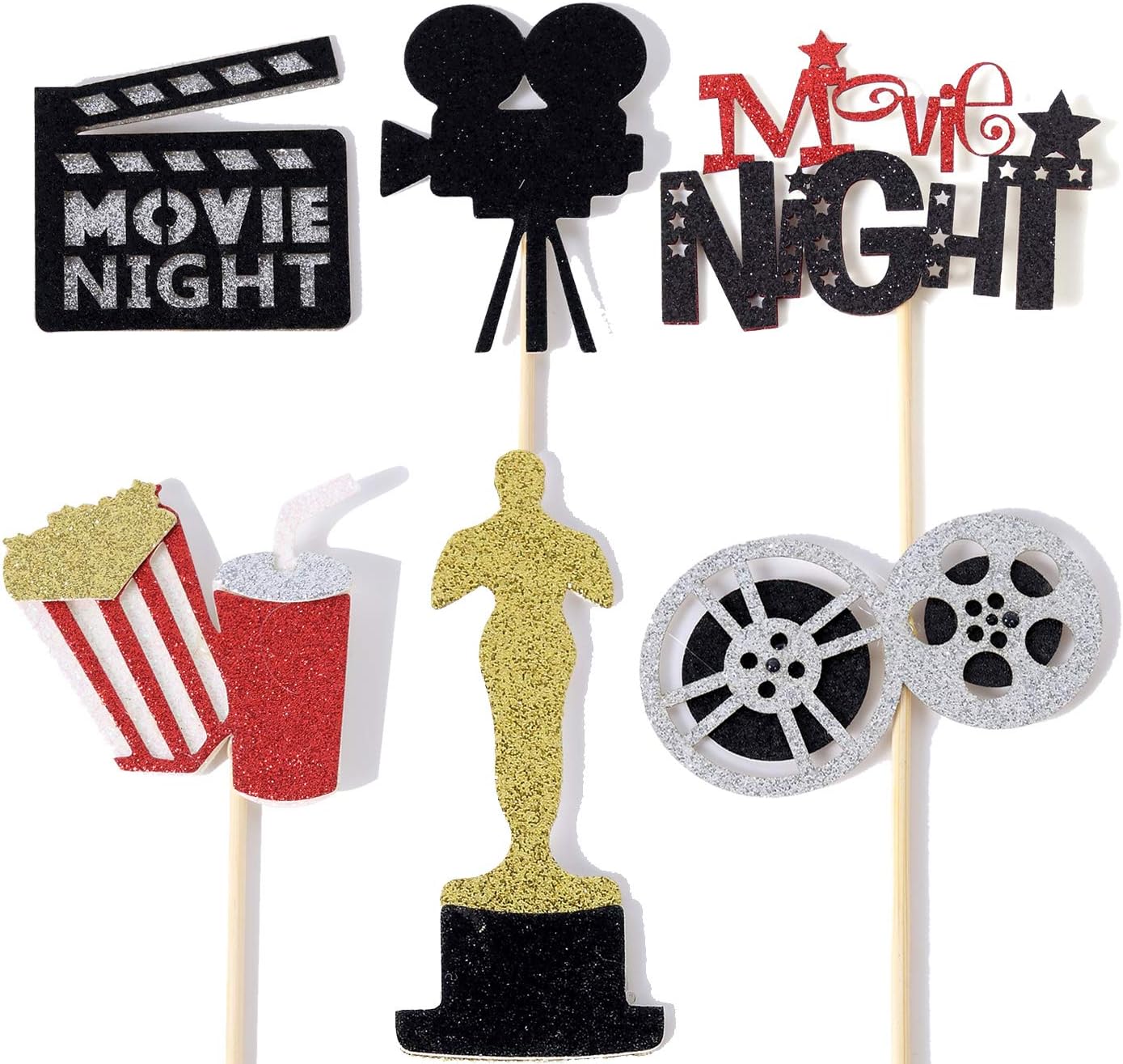 Movie Night Cupcake Toppers Decoration Pack of 24 Glitter Cake Toppers for Movie Theme Birthday Party Baby Shower Supplies