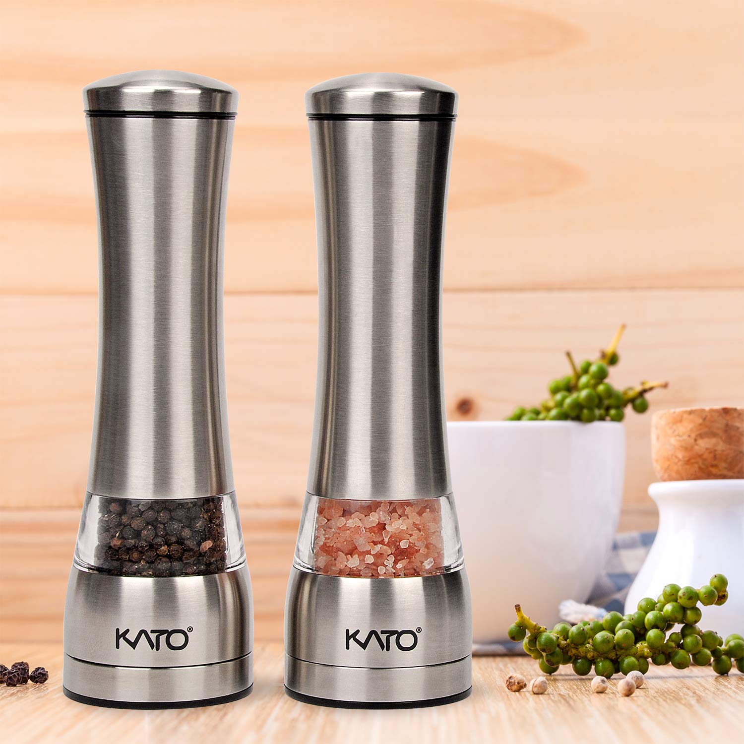 Kato Manual Stainless Steel Salt and Pepper Grinder Set, Best Ceramic Refillable Pepper Mills for Himalayan Salt, Pepper and Other Spices, 2 Pack