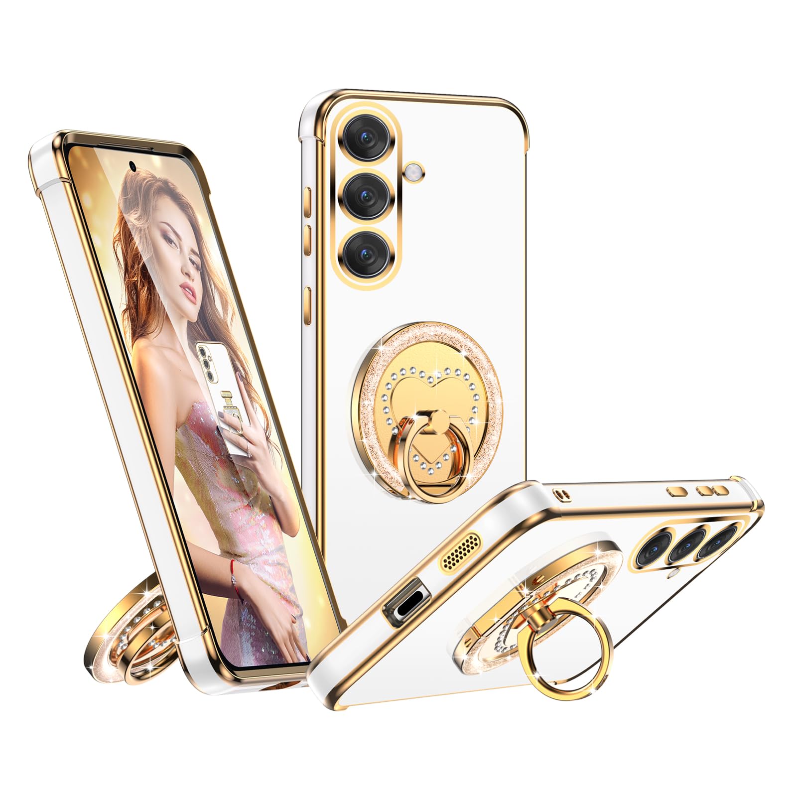 Silverback for Samsung Galaxy S26 Plus Case with Stand, Rotatable Ring Holder & Makeup Mirror, Women Girls Glitter Sparkle Heart Design Protective Cover for Galaxy S26 Plus, White