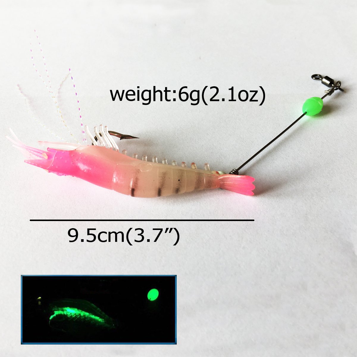 6 esche luminose a forma di gamberetto, in morbido silicone artificiale, 9,4 cm, di colore misto, con gancio, ruotanti, per pesca della trota, salmone, spigola, in acqua dolce e salata
